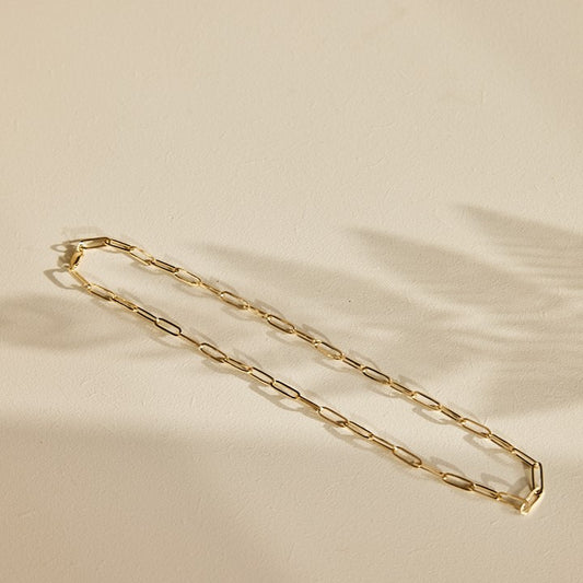 Verbondenheid paperclip ketting. 14 karaat schakelarmband  liggend op een zandkleurige ondergrond in de schaduw van een varenblad.